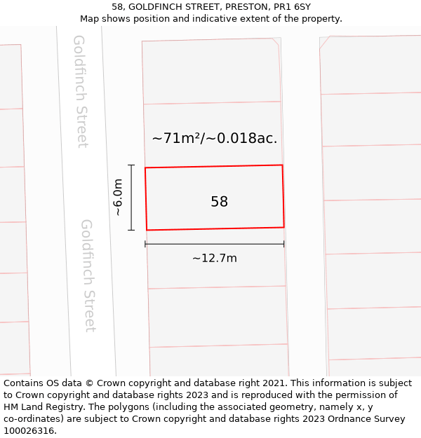 58, GOLDFINCH STREET, PRESTON, PR1 6SY: Plot and title map