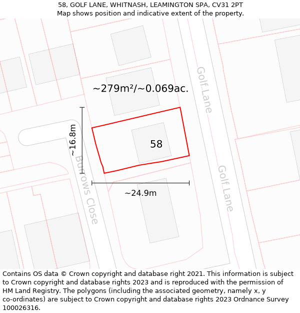 58, GOLF LANE, WHITNASH, LEAMINGTON SPA, CV31 2PT: Plot and title map