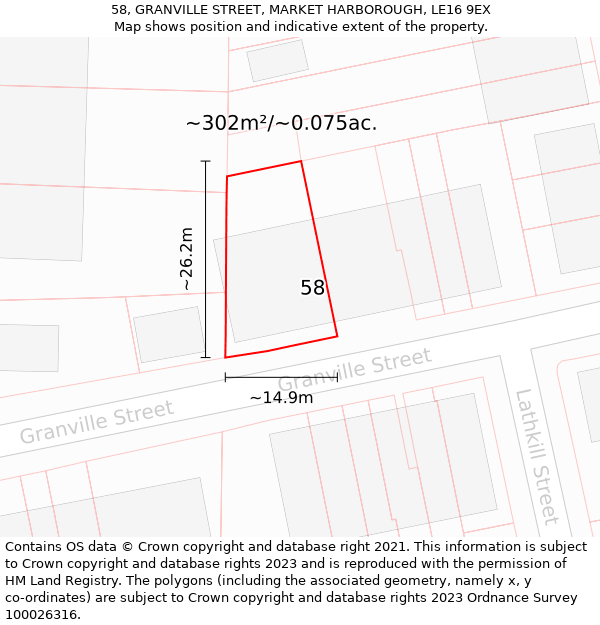 58, GRANVILLE STREET, MARKET HARBOROUGH, LE16 9EX: Plot and title map