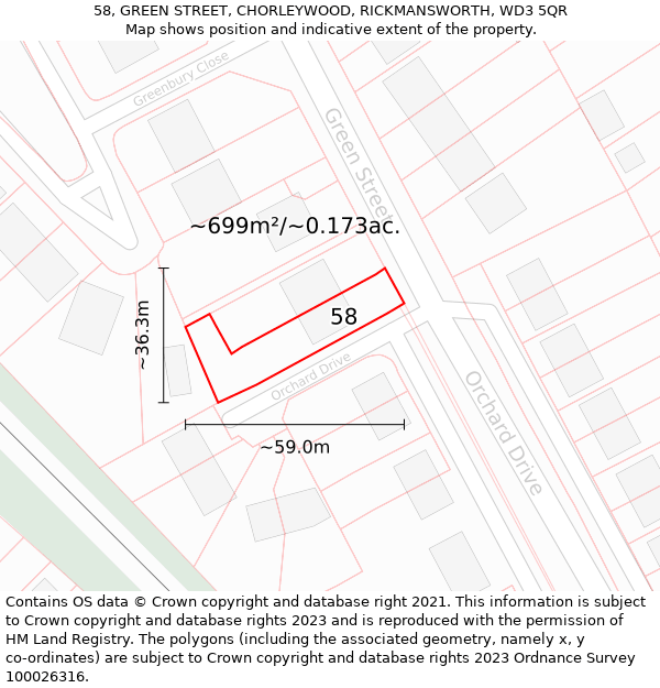 58, GREEN STREET, CHORLEYWOOD, RICKMANSWORTH, WD3 5QR: Plot and title map