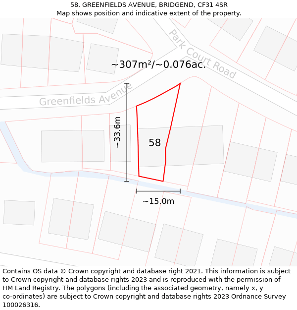 58, GREENFIELDS AVENUE, BRIDGEND, CF31 4SR: Plot and title map