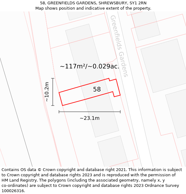 58, GREENFIELDS GARDENS, SHREWSBURY, SY1 2RN: Plot and title map