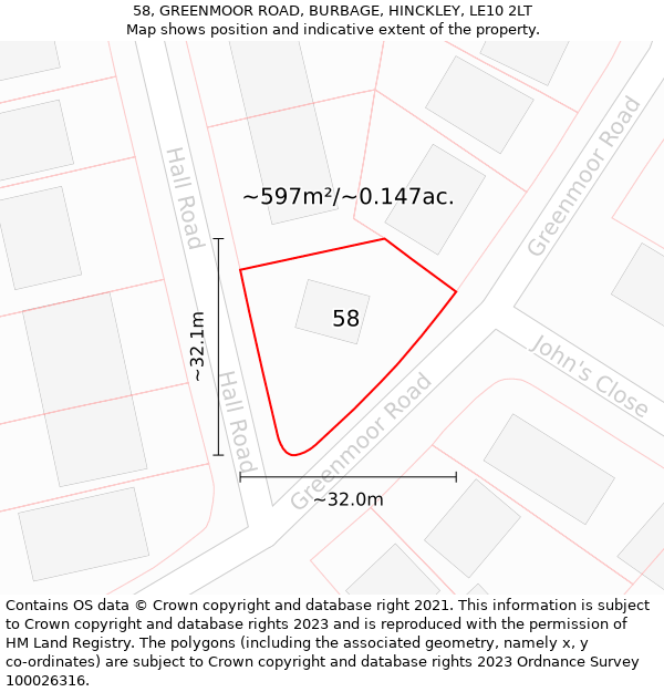 58, GREENMOOR ROAD, BURBAGE, HINCKLEY, LE10 2LT: Plot and title map