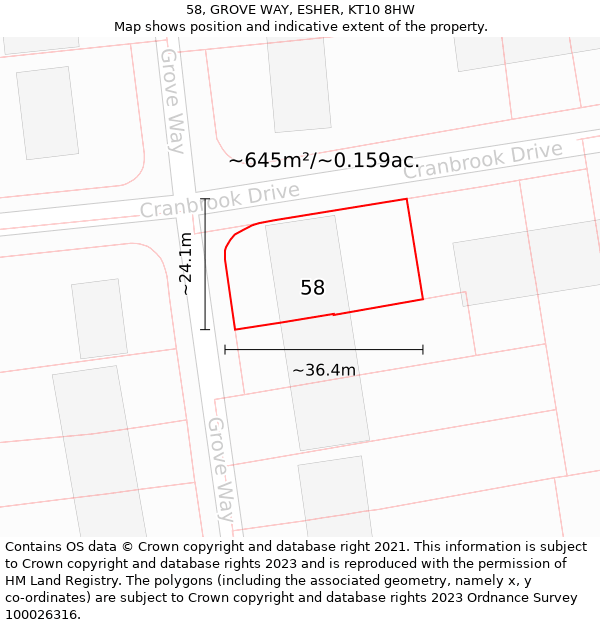 58, GROVE WAY, ESHER, KT10 8HW: Plot and title map