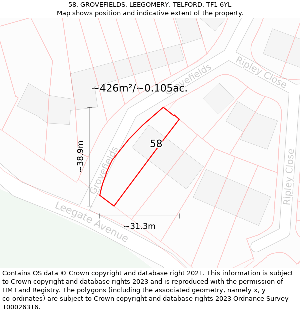 58, GROVEFIELDS, LEEGOMERY, TELFORD, TF1 6YL: Plot and title map
