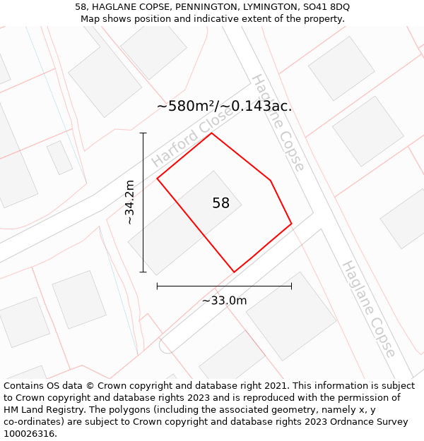 58, HAGLANE COPSE, PENNINGTON, LYMINGTON, SO41 8DQ: Plot and title map