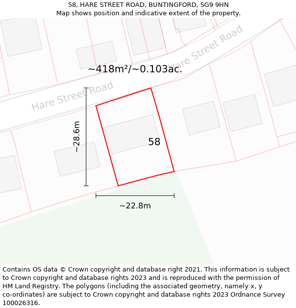 58, HARE STREET ROAD, BUNTINGFORD, SG9 9HN: Plot and title map