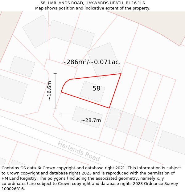 58, HARLANDS ROAD, HAYWARDS HEATH, RH16 1LS: Plot and title map