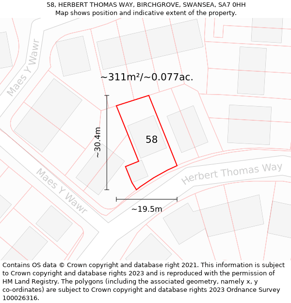 58, HERBERT THOMAS WAY, BIRCHGROVE, SWANSEA, SA7 0HH: Plot and title map