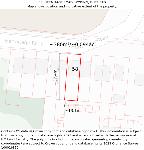 58, HERMITAGE ROAD, WOKING, GU21 8TQ: Plot and title map