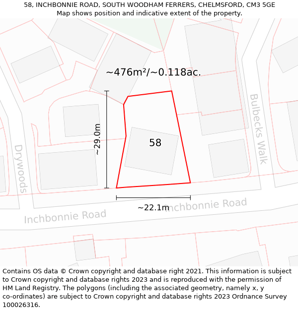 58, INCHBONNIE ROAD, SOUTH WOODHAM FERRERS, CHELMSFORD, CM3 5GE: Plot and title map