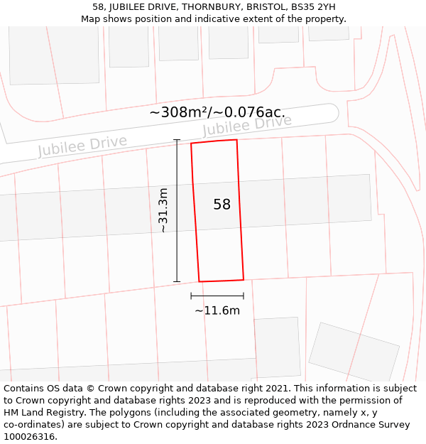 58, JUBILEE DRIVE, THORNBURY, BRISTOL, BS35 2YH: Plot and title map