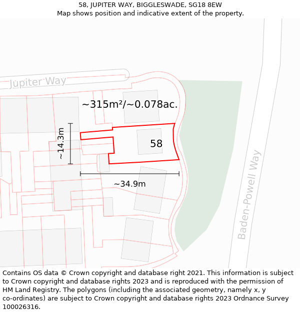 58, JUPITER WAY, BIGGLESWADE, SG18 8EW: Plot and title map