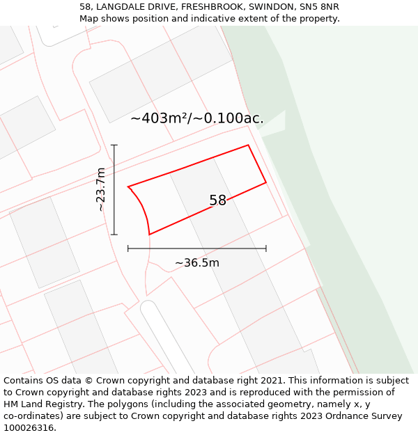 58, LANGDALE DRIVE, FRESHBROOK, SWINDON, SN5 8NR: Plot and title map