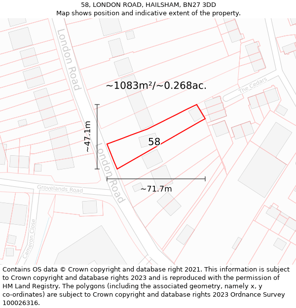 58, LONDON ROAD, HAILSHAM, BN27 3DD: Plot and title map