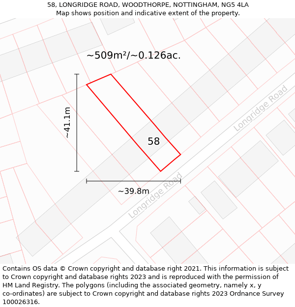 58, LONGRIDGE ROAD, WOODTHORPE, NOTTINGHAM, NG5 4LA: Plot and title map