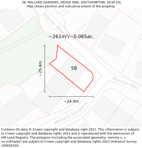 58, MALLARD GARDENS, HEDGE END, SOUTHAMPTON, SO30 2XJ: Plot and title map