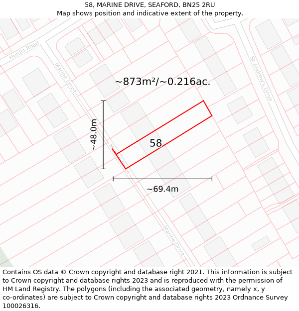 58, MARINE DRIVE, SEAFORD, BN25 2RU: Plot and title map