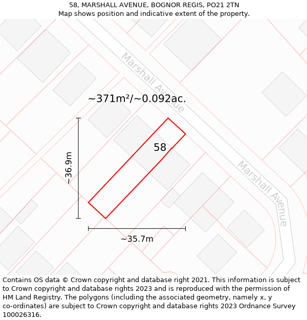 58, MARSHALL AVENUE, BOGNOR REGIS, PO21 2TN: Plot and title map