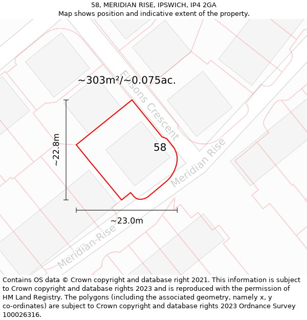 58, MERIDIAN RISE, IPSWICH, IP4 2GA: Plot and title map