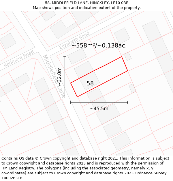 58, MIDDLEFIELD LANE, HINCKLEY, LE10 0RB: Plot and title map