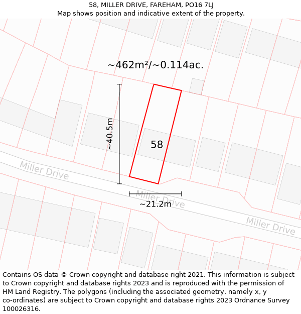 58, MILLER DRIVE, FAREHAM, PO16 7LJ: Plot and title map