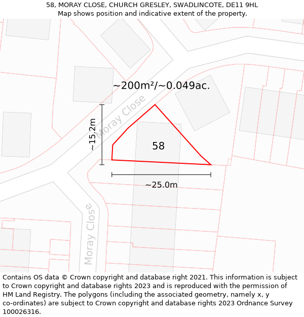 58, MORAY CLOSE, CHURCH GRESLEY, SWADLINCOTE, DE11 9HL: Plot and title map