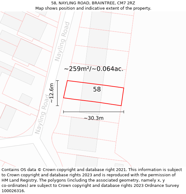 58, NAYLING ROAD, BRAINTREE, CM7 2RZ: Plot and title map