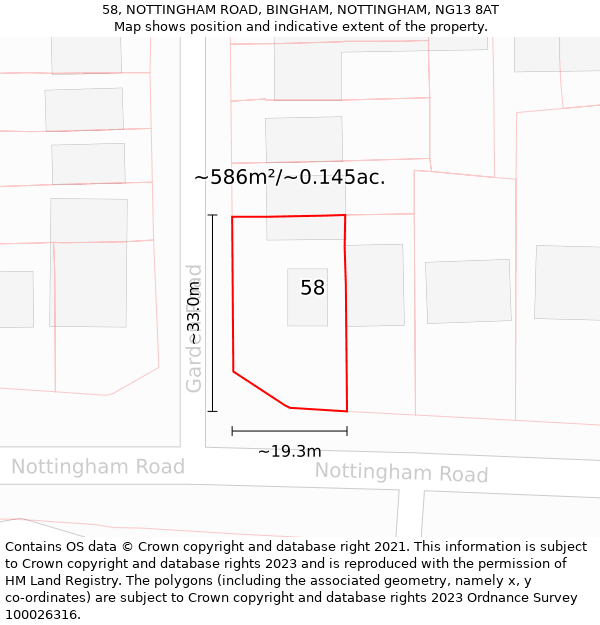 58, NOTTINGHAM ROAD, BINGHAM, NOTTINGHAM, NG13 8AT: Plot and title map
