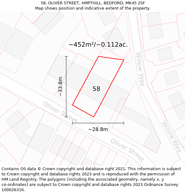 58, OLIVER STREET, AMPTHILL, BEDFORD, MK45 2SF: Plot and title map