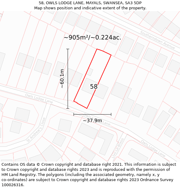 58, OWLS LODGE LANE, MAYALS, SWANSEA, SA3 5DP: Plot and title map