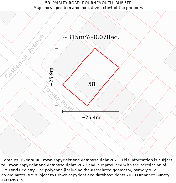 58, PAISLEY ROAD, BOURNEMOUTH, BH6 5EB: Plot and title map