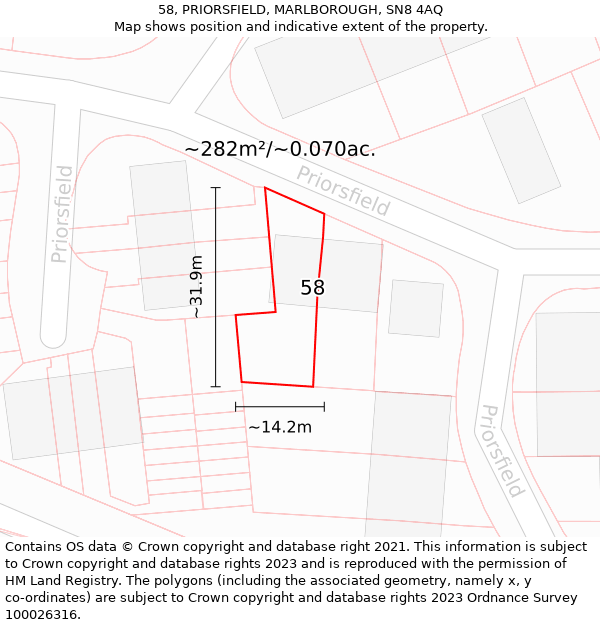 58, PRIORSFIELD, MARLBOROUGH, SN8 4AQ: Plot and title map