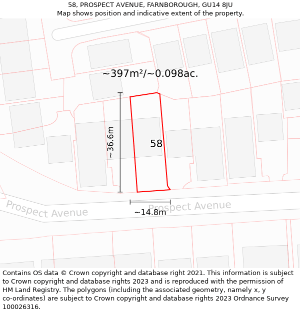 58, PROSPECT AVENUE, FARNBOROUGH, GU14 8JU: Plot and title map