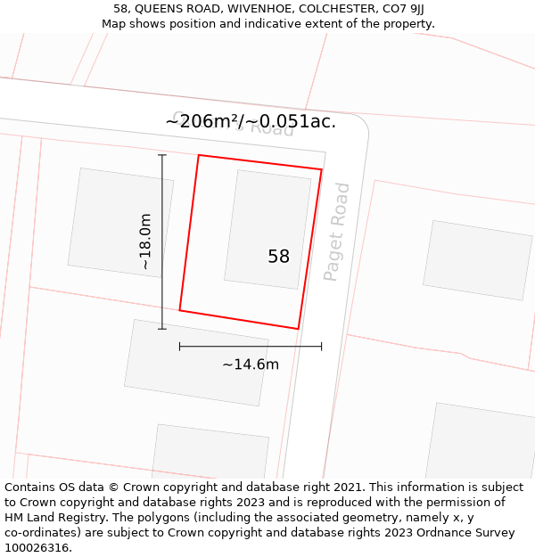 58, QUEENS ROAD, WIVENHOE, COLCHESTER, CO7 9JJ: Plot and title map