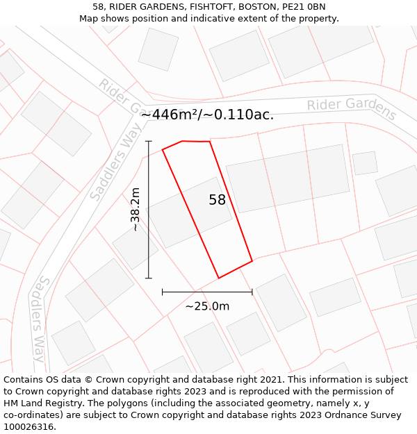 58, RIDER GARDENS, FISHTOFT, BOSTON, PE21 0BN: Plot and title map