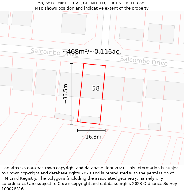 58, SALCOMBE DRIVE, GLENFIELD, LEICESTER, LE3 8AF: Plot and title map