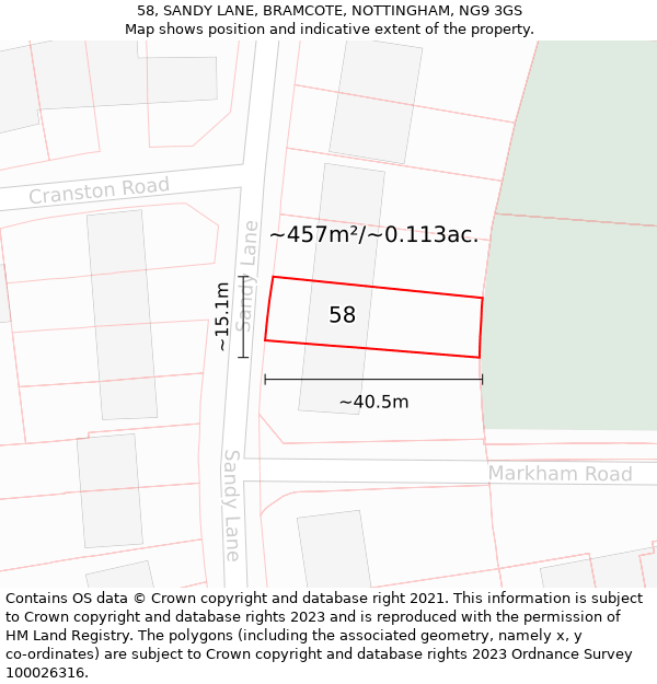 58, SANDY LANE, BRAMCOTE, NOTTINGHAM, NG9 3GS: Plot and title map