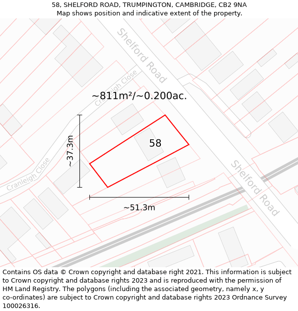 58, SHELFORD ROAD, TRUMPINGTON, CAMBRIDGE, CB2 9NA: Plot and title map