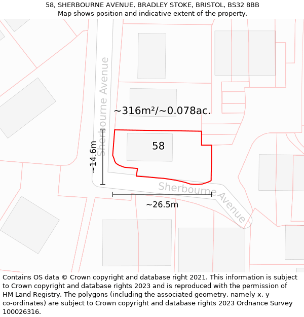 58, SHERBOURNE AVENUE, BRADLEY STOKE, BRISTOL, BS32 8BB: Plot and title map