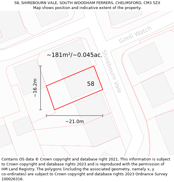 58, SHIREBOURN VALE, SOUTH WOODHAM FERRERS, CHELMSFORD, CM3 5ZX: Plot and title map