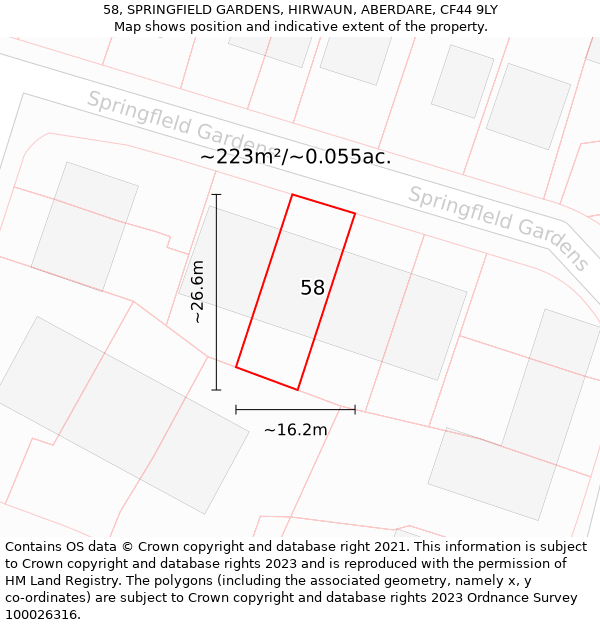 58, SPRINGFIELD GARDENS, HIRWAUN, ABERDARE, CF44 9LY: Plot and title map