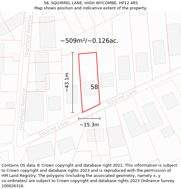 58, SQUIRREL LANE, HIGH WYCOMBE, HP12 4RS: Plot and title map