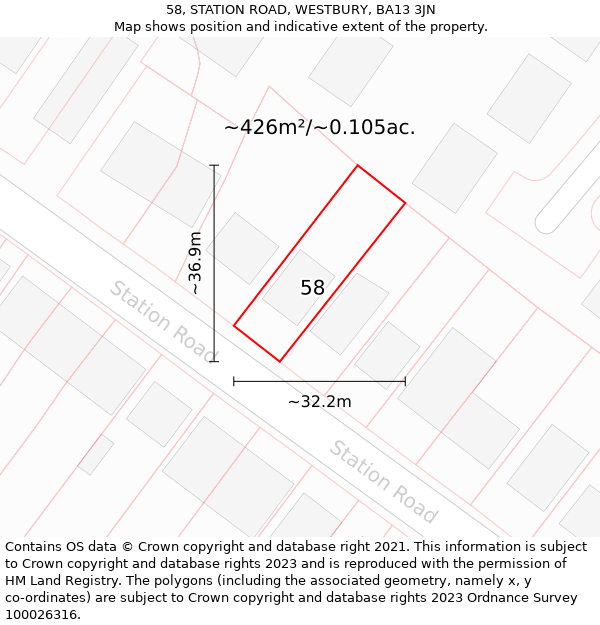 58, STATION ROAD, WESTBURY, BA13 3JN: Plot and title map