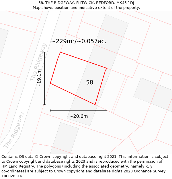 58, THE RIDGEWAY, FLITWICK, BEDFORD, MK45 1DJ: Plot and title map