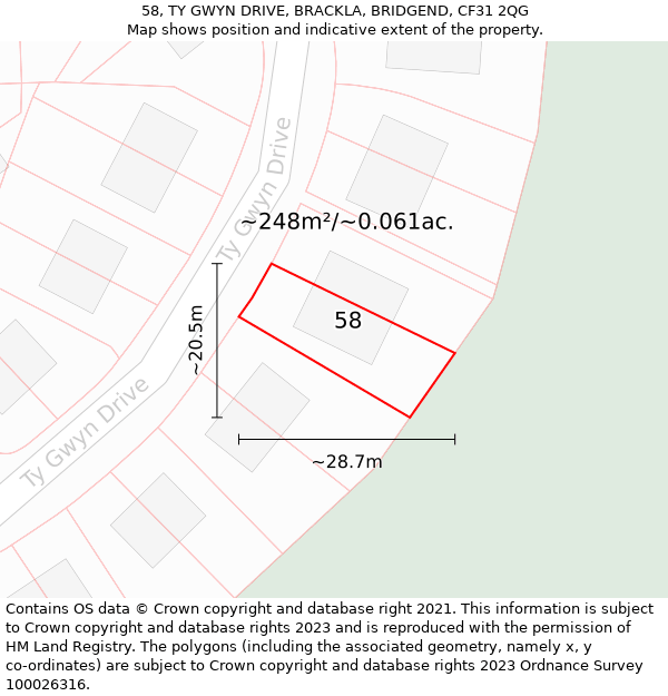 58, TY GWYN DRIVE, BRACKLA, BRIDGEND, CF31 2QG: Plot and title map