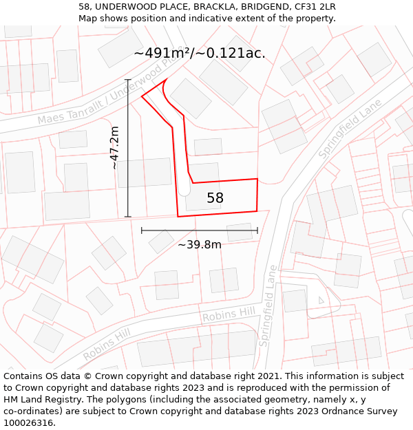 58, UNDERWOOD PLACE, BRACKLA, BRIDGEND, CF31 2LR: Plot and title map