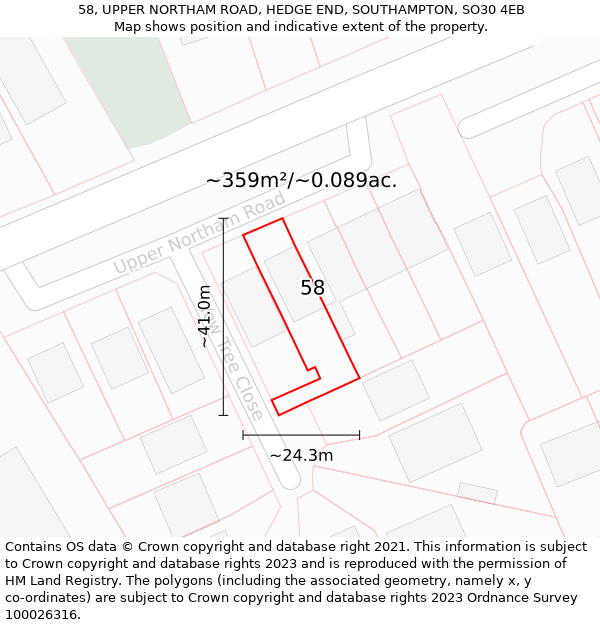 58, UPPER NORTHAM ROAD, HEDGE END, SOUTHAMPTON, SO30 4EB: Plot and title map