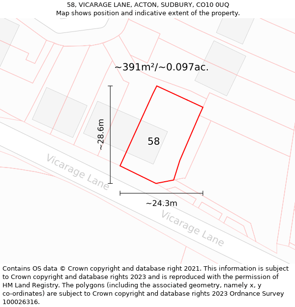 58, VICARAGE LANE, ACTON, SUDBURY, CO10 0UQ: Plot and title map