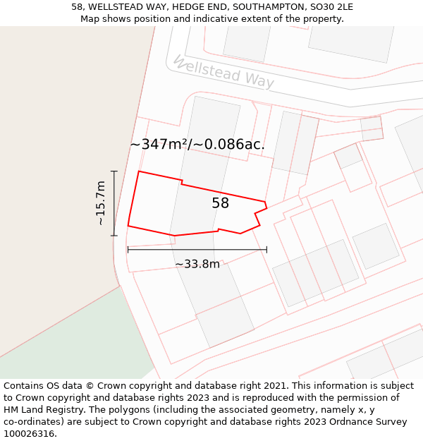 58, WELLSTEAD WAY, HEDGE END, SOUTHAMPTON, SO30 2LE: Plot and title map